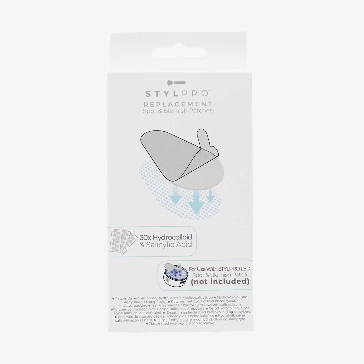 Weiße Schachtel mit STYLPRO Replacement Spot Blemish Patches, 30 Pflaster pro Packung.