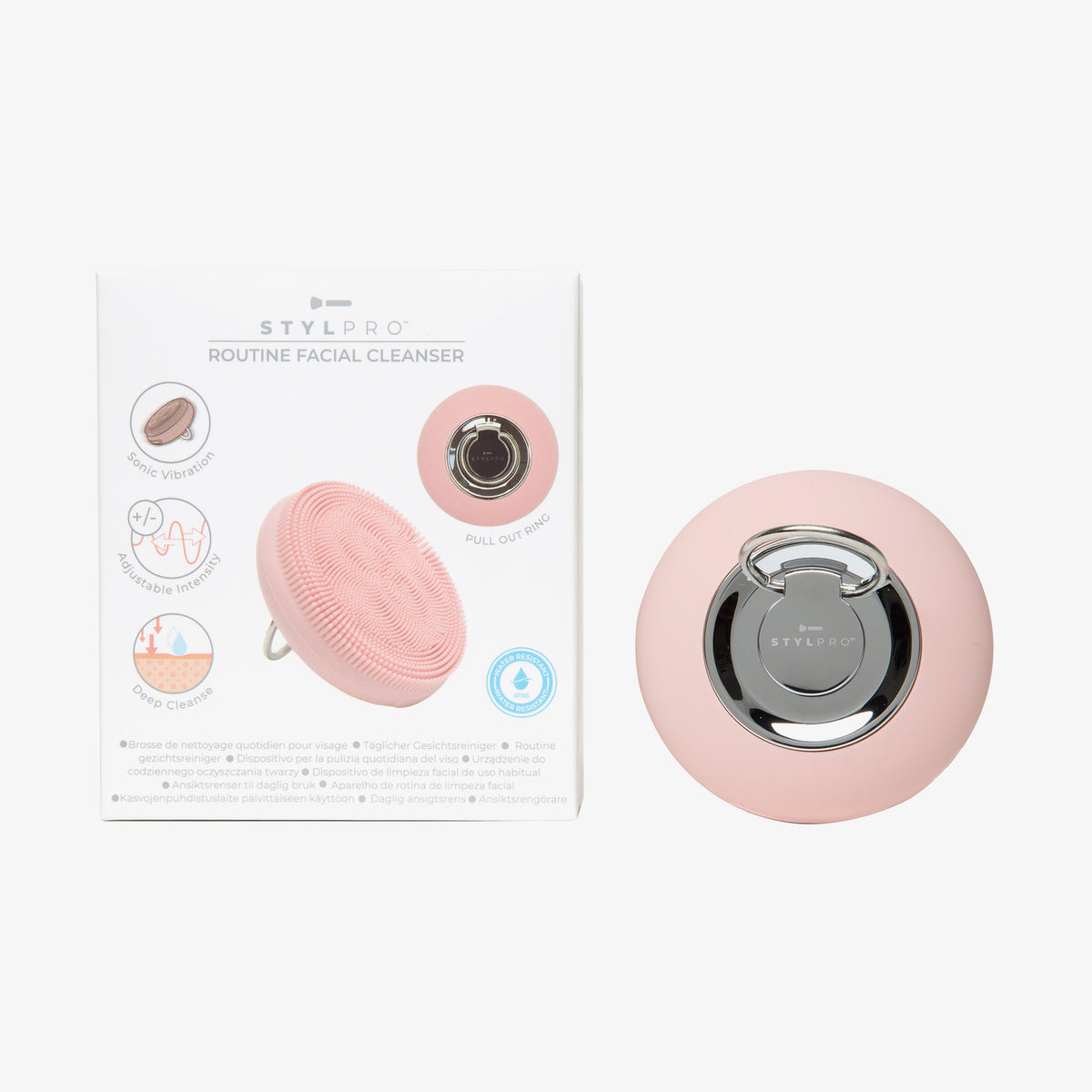 Das Routine Facial Cleansing Device und seine Verpackung zeichnen sich durch Funktionen wie Schallvibration und Silikonborsten aus.