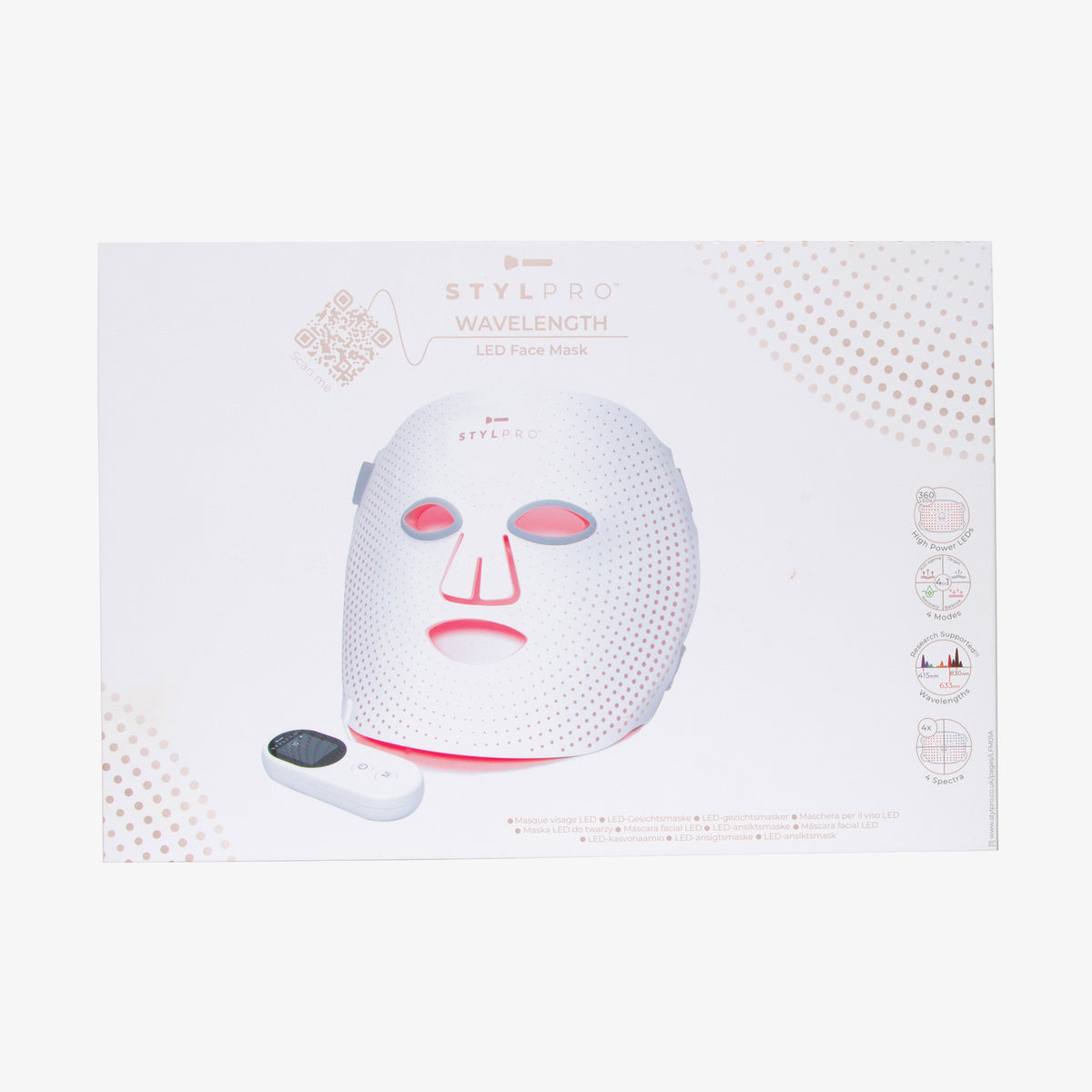 Verpackung für die Wavelength-LED-Gesichtsmaske mit perforiertem Maskendesign und Steuergerät.