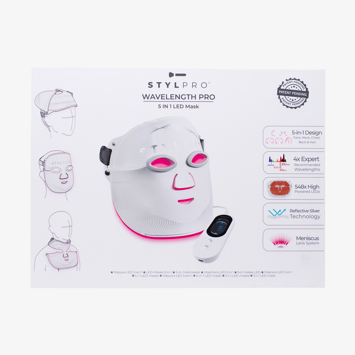 Box für die STYLPRO Wavelength Pro 5 in 1 LED-Maske mit Abbildungen der Maske, der Fernbedienung, Diagrammen und Symbolen der wichtigsten Funktionen.