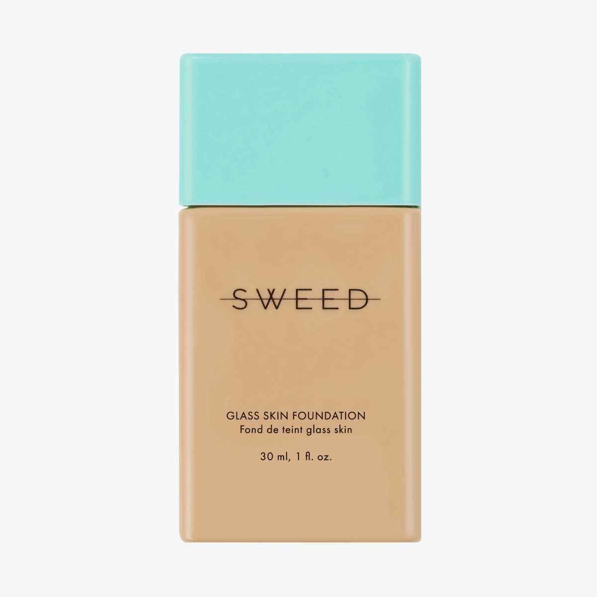 Eine 30-ml-Flasche „SWEED Glass Skin Foundation“ mit türkisfarbenem Verschluss und beigem Flaschenkörper.