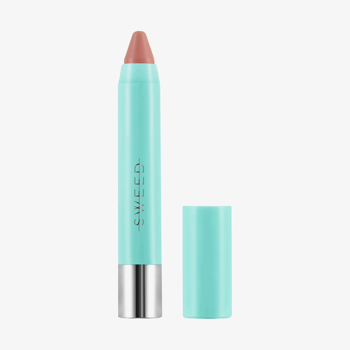 Ein türkisfarbener SWEED Le Lipstick-Lippenstiftstift mit silbernem Sockel und passender Kappe, wobei die Kappe daneben liegt.