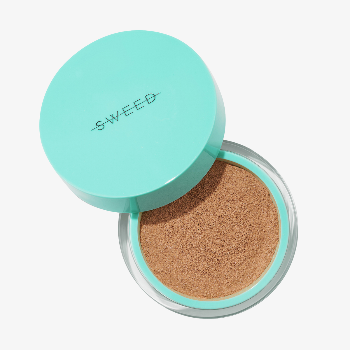 SWEED Miracle Powder Mini: runder, türkisfarbener Behälter, teilweise geöffneter Deckel, gefüllt mit hellbraunem losem Puder.