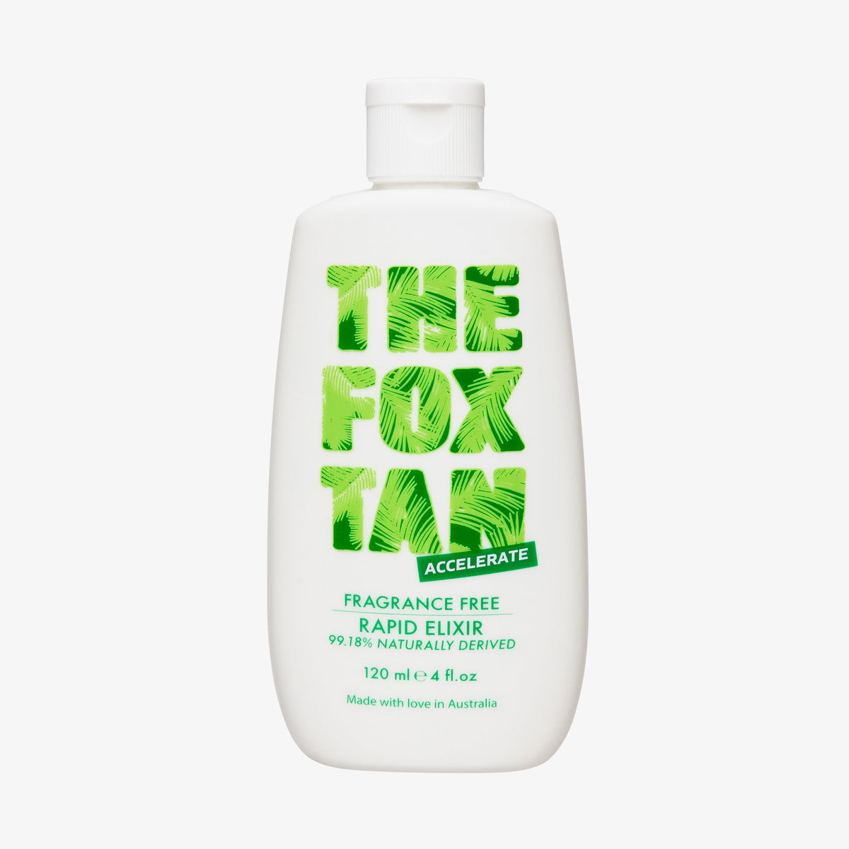 Weiße Flasche des Fox Tan Rapid Elixir Fragrance Free mit grünem Logo auf weißem Untergrund.