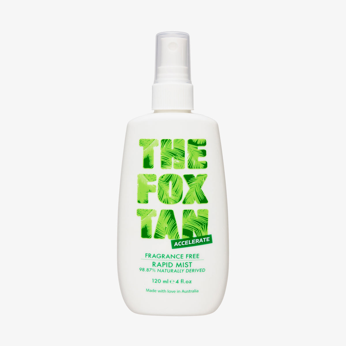 Weiße Flasche des Fox Tan Rapid Mist Fragrance Free mit grünem Logo auf weißem Untergrund.