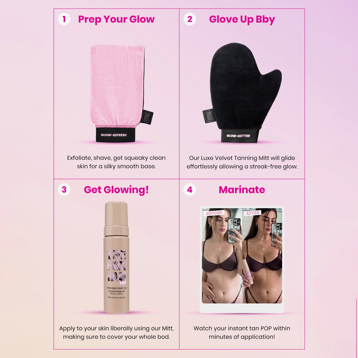 Bräunungsanleitung in 4 Schritten: Peelinghandschuh, einem Bräunungshandschuh, One Night Only Tan Instant Wash und einem Vergleich der Bräunungsergebnisse.