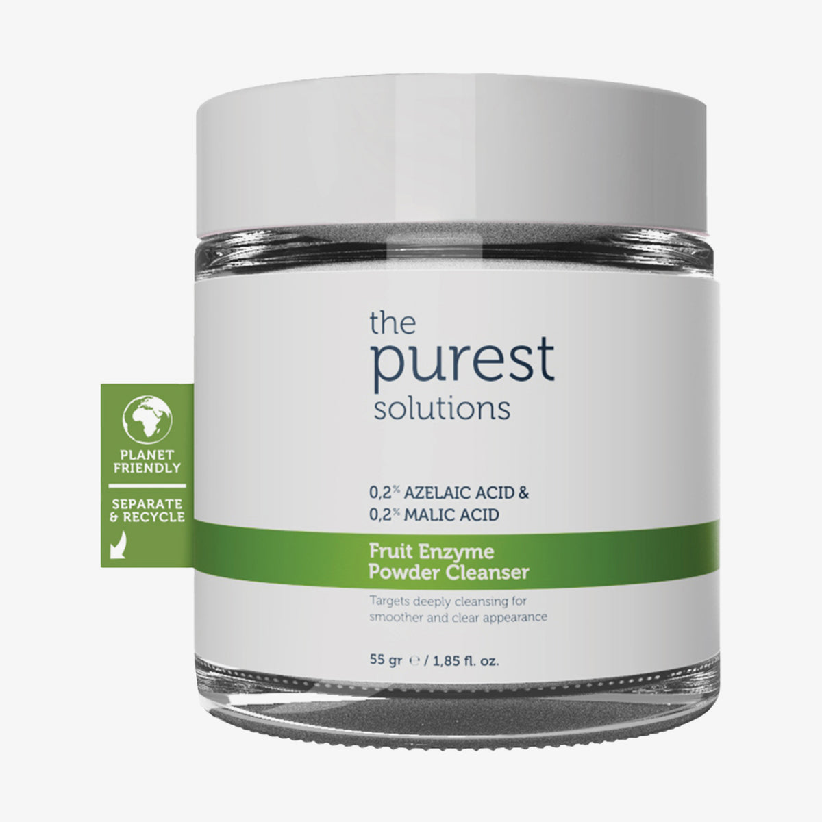 Ein umweltfreundliches Glas mit Fruchtenzym-Pulverreiniger mit 0,2 % Azelainsäure und 0,2 % Apfelsäure von The Purest Solutions.