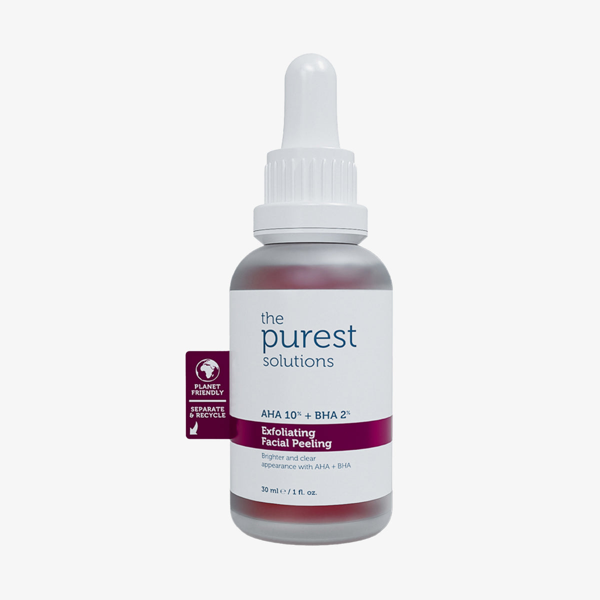 Tropfflasche 10 % AHA + 2 % BHA Exfoliating Facial Peeling von The Purest Solutions, mit umweltfreundlichen und recycelbaren Etiketten.
