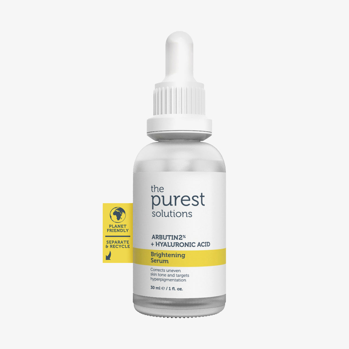 Tropfflasche mit aufhellendem Serum mit 2 % Arbutin und Hyaluronsäure von Purest Solutions auf weißem Hintergrund.
