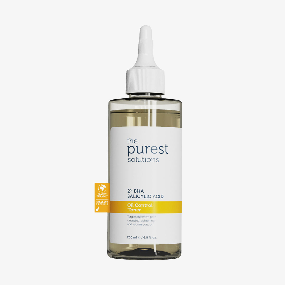 Abgebildet ist eine klare Kunststoffflasche des „2% BHA Salicylic Acid Oil Control Toner“ von The Purest Solutions mit Dosierspitze und recycelbarer Verpackung.