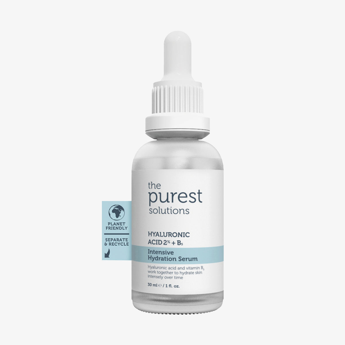 30-ml-Tropfflasche mit 2 % Hyaluronsäure + B5 Intensive Hydration Serum von The Purest Solutions, mit umweltfreundlichem Etikett.