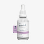 Eine Tropfflasche mit der Aufschrift „5 % Koffein + Vitamin C Radiance Eye Contour Serum“ von The Purest Solutions und Umweltetikett.