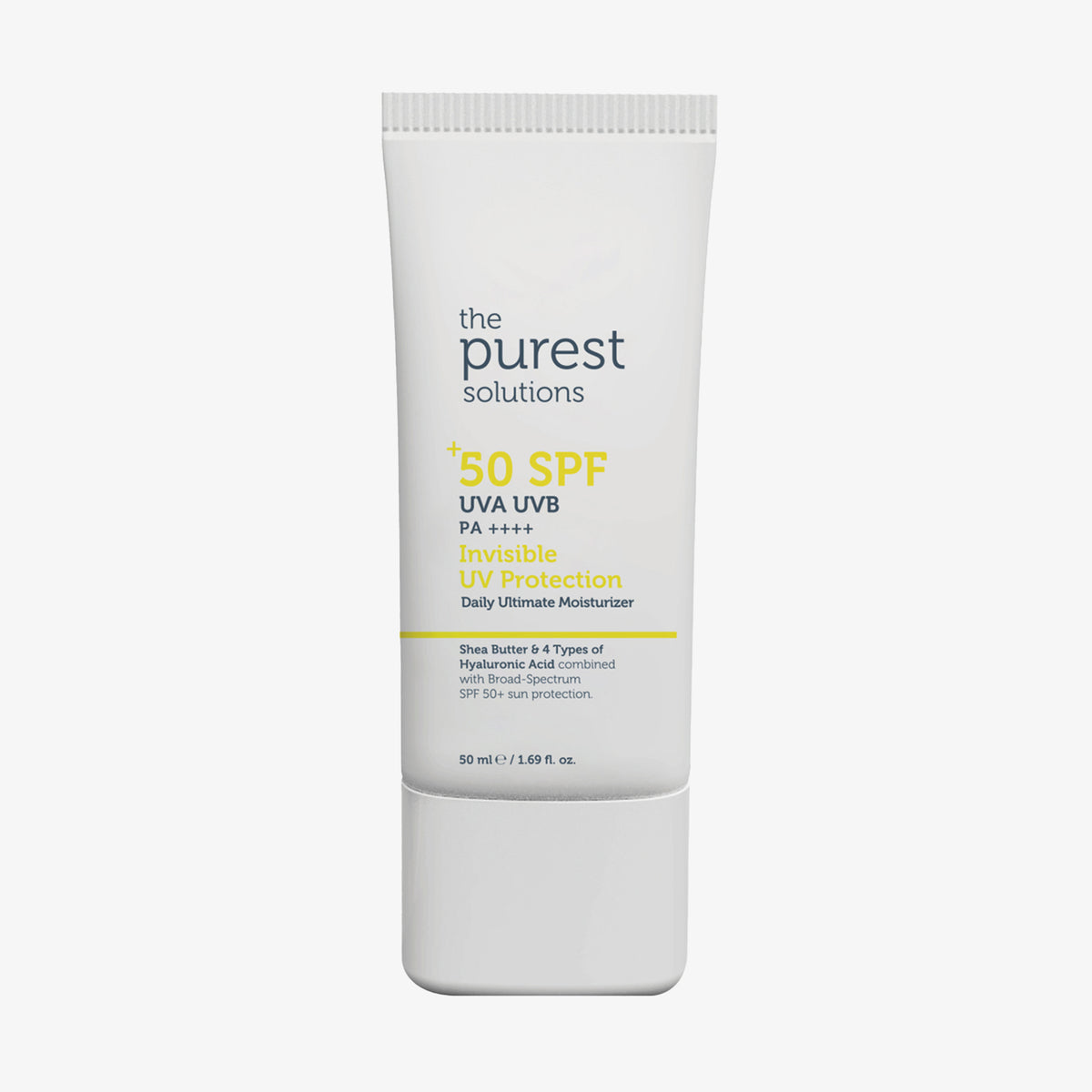Weiße Tube mit unsichtbarem UV-Schutz und intensivem Feuchtigkeits-Sonnenschutz mit LSF 50+, UVA-/UVB-Schutz, Sheabutter und Hydraboost.