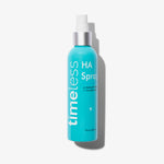 Eine türkisfarbene Flasche Timeless HA Cucumber Spray von Timeless Skin Care auf weißem Hintergrund.