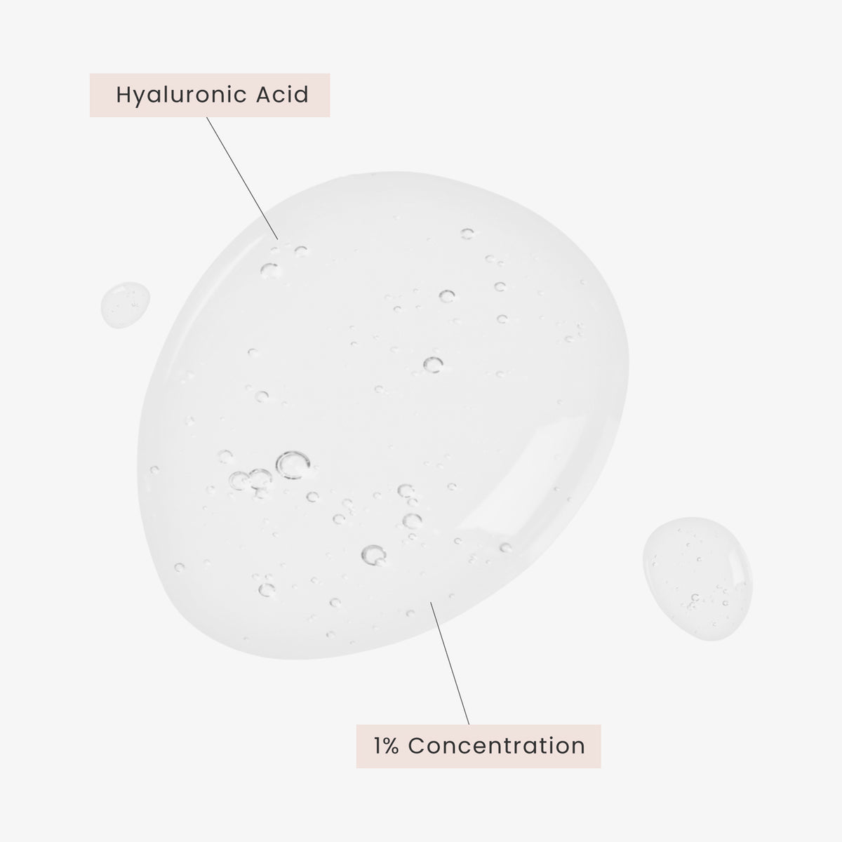 Ein klarer Tropfen Hyaluronsäure-Serum 100 % rein mit sichtbaren Bläschen weist eine Konzentration von 1 % auf.