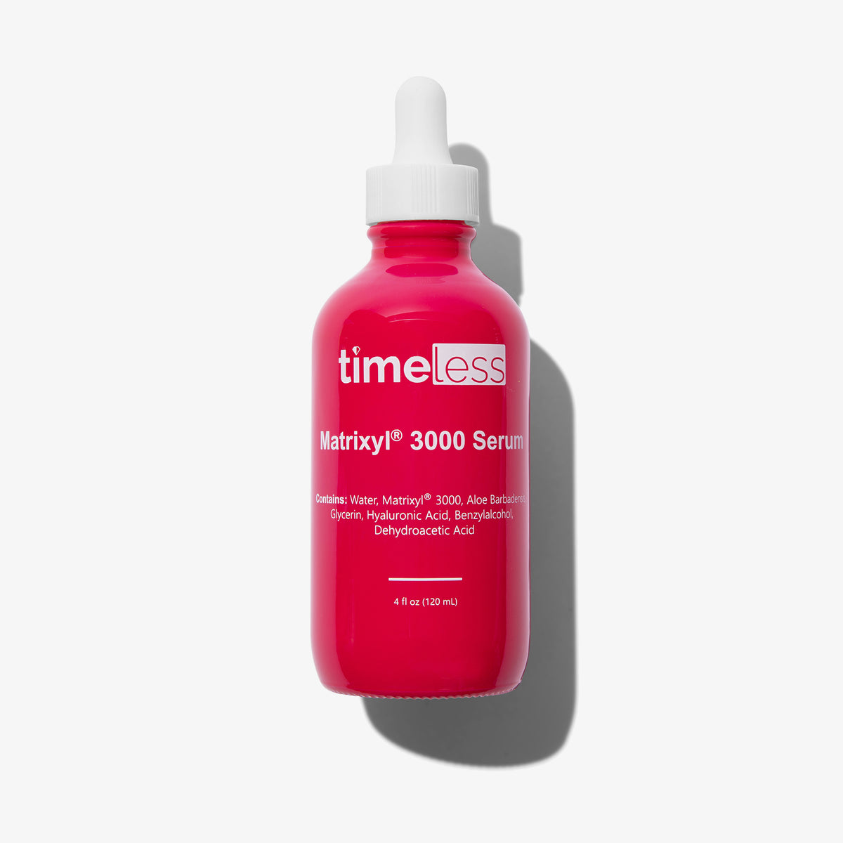 Vor einem weißen Hintergrund ist eine pinke Pipettenflasche in 120 ml mit Matrixyl 3000 Serum zu sehen.