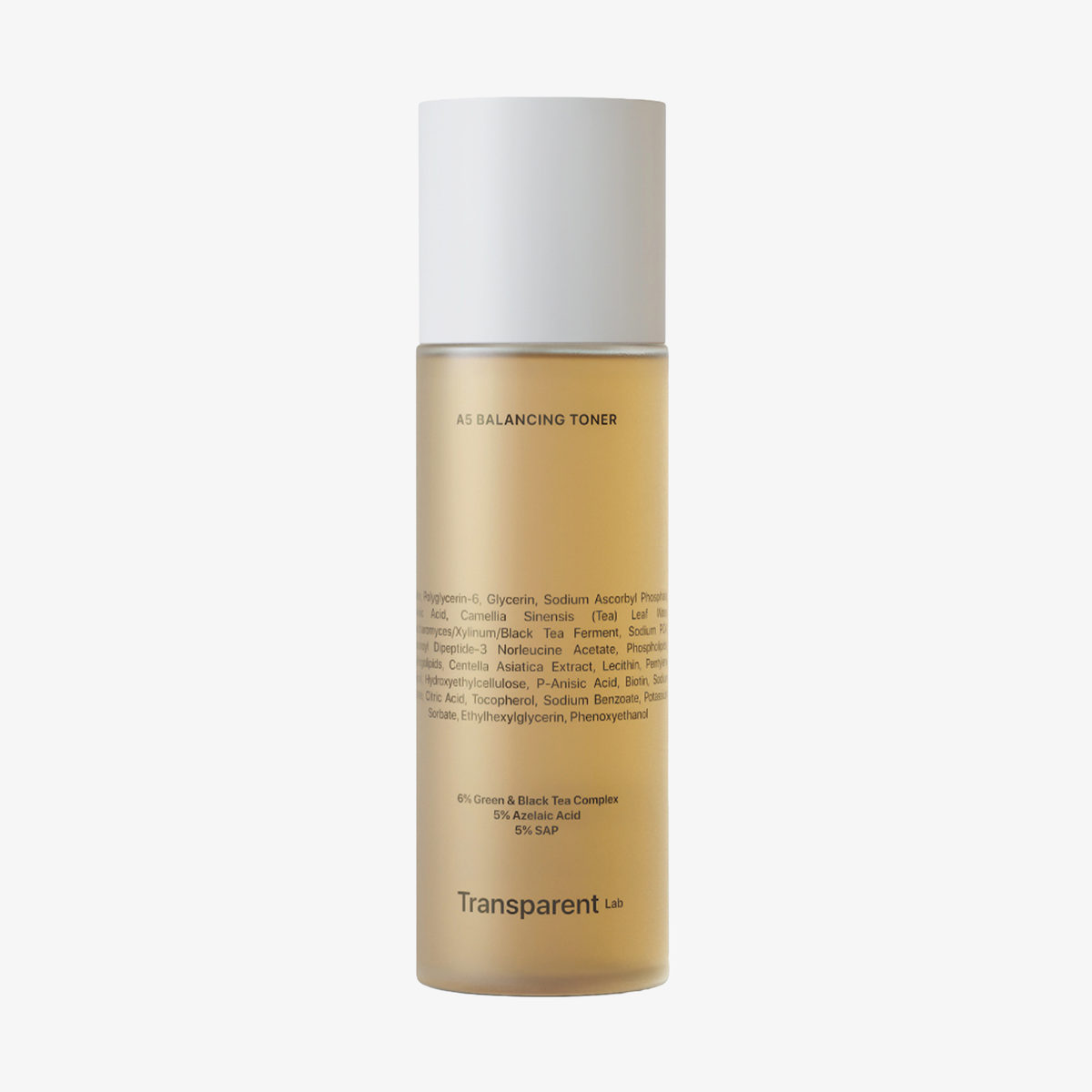 Transparent Lab A5 Balancing Toner in einer klaren Flasche mit beiger Flüssigkeit und weißem Verschluss.