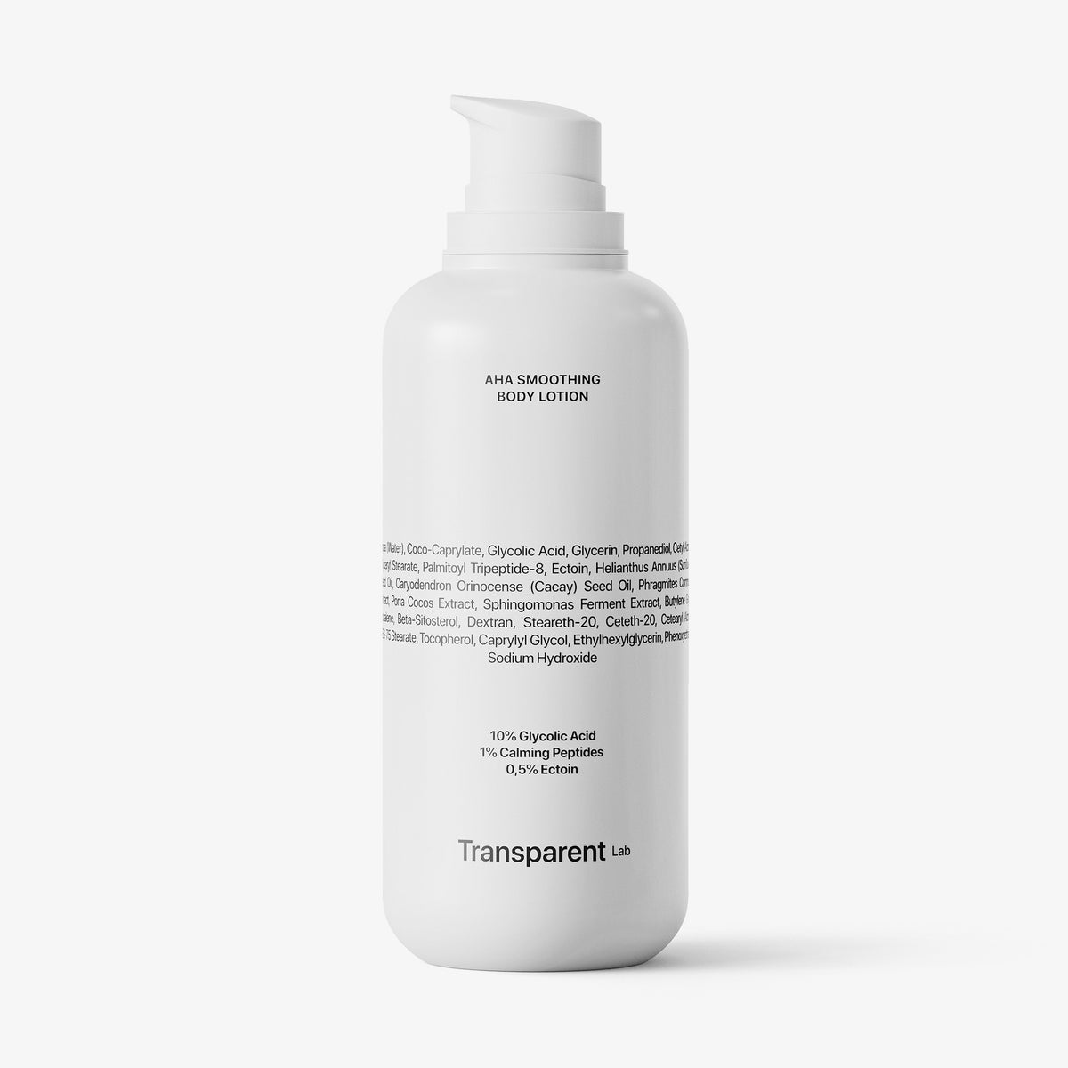 Weiße Pumpflasche mit der Aufschrift „AHA Smoothing Body Lotion“ von Transparent Lab und Inhaltsstoffen auf der Vorderseite.