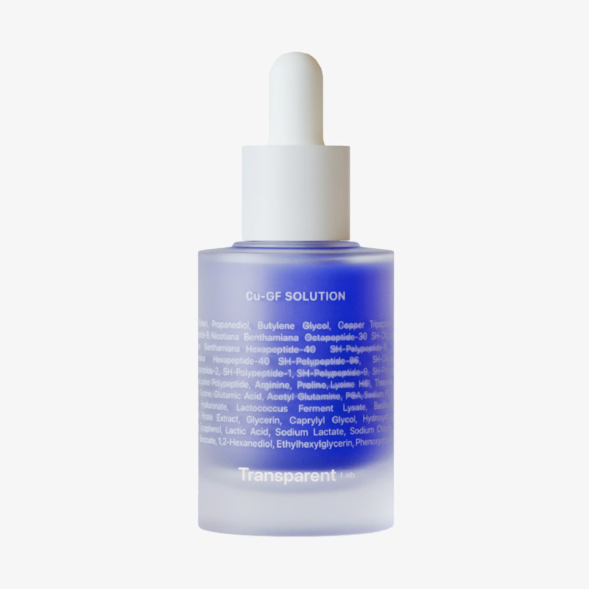 Eine gefrostete Tropfflasche mit Cu-Gf Solution von Transparent Lab, gefüllt mit blauer Flüssigkeit.