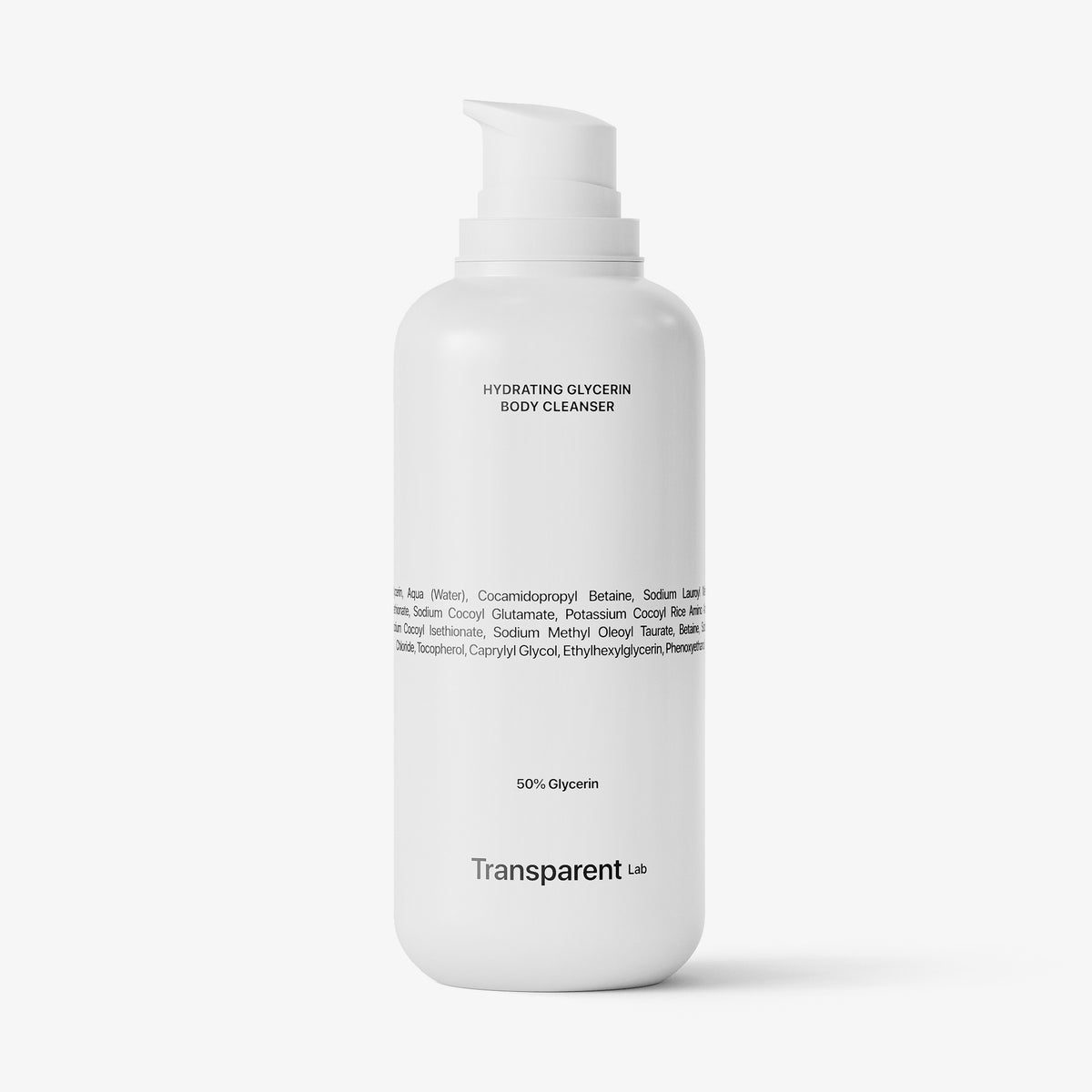 Eine weiße Pumpflasche mit der Aufschrift „Hydrating Glycerin Body Cleanser“ enthält eine Zutatenliste und das Transparent Lab-Branding.