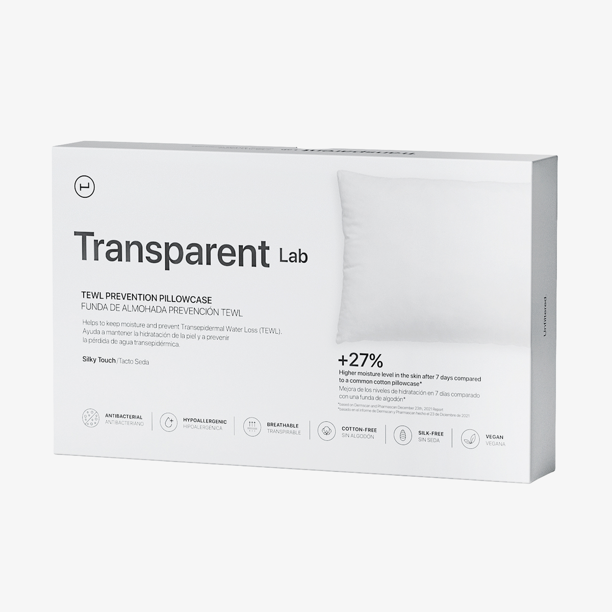 Weiße Box mit Transparent Lab Kopfkissenbezug mit weißem Kissenbild und Produktangaben auf der Verpackung.