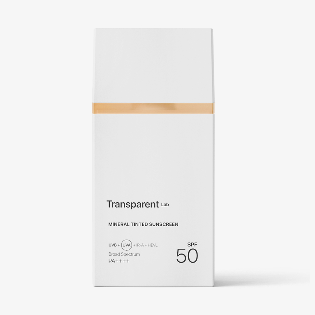 Transparent Lab Mineral Tinted Sunscreen in einer weißen Flasche mit goldenen Akzenten und minimalistischem Design, LSF 50.