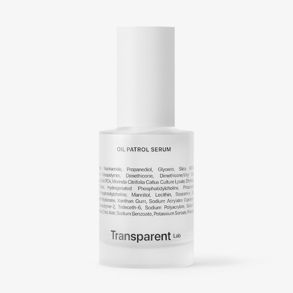 Eine Flasche Oil Patrol Serum von Transparent Lab mit Angaben zu den Inhaltsstoffen auf dem Etikett vor weißem Hintergrund.