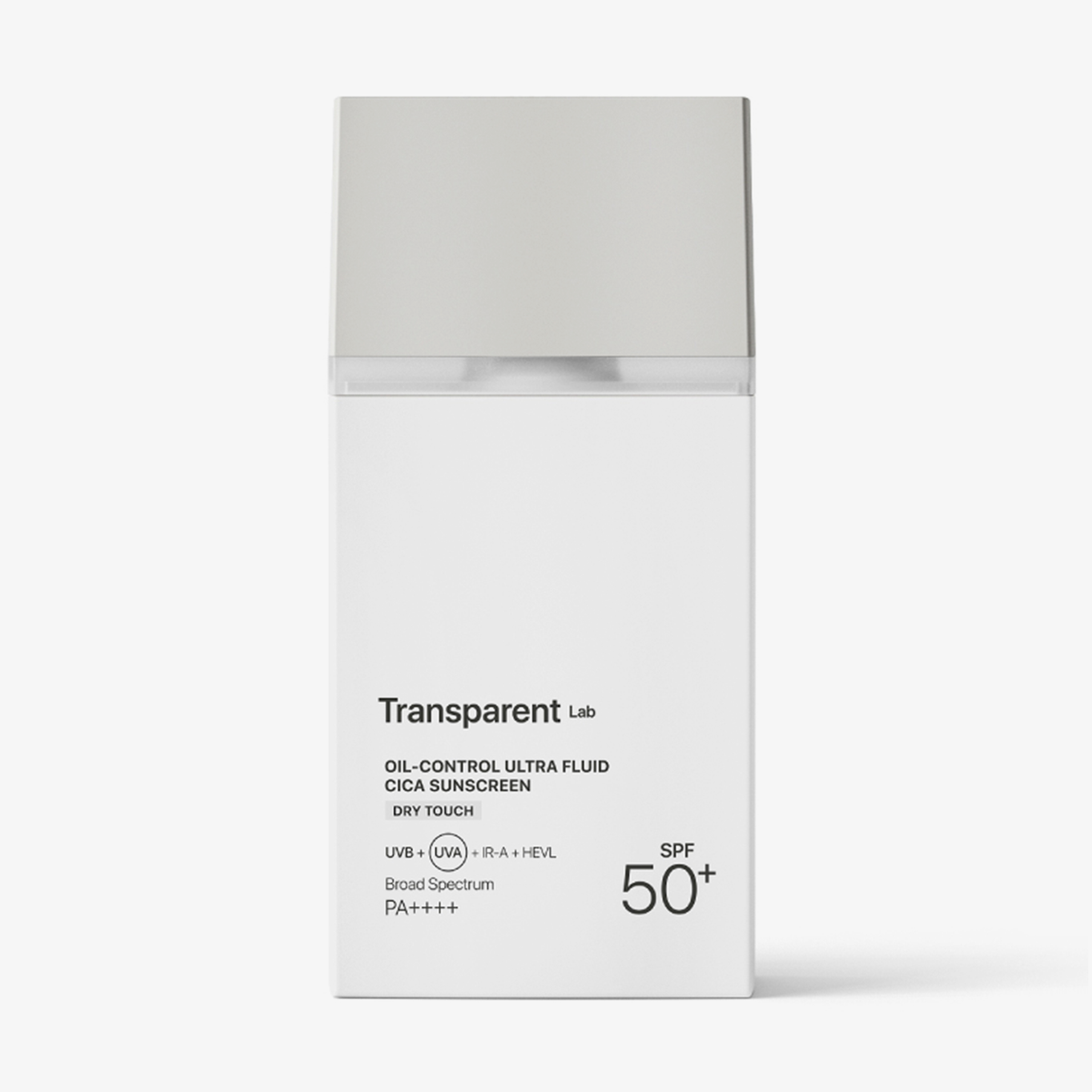 Eine weiße Flasche „Transparent Lab Oil-Control Ultra Fluid Cica Sunscreen“ mit grauem Verschluss.