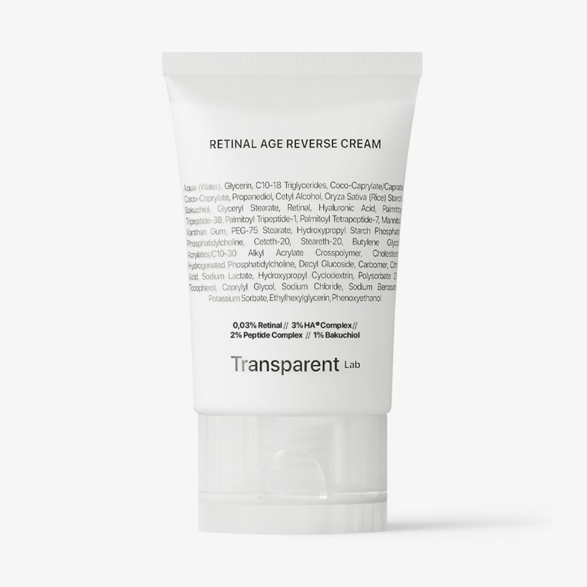 Eine weiße Tubeder Retinal Age Reverse Cream von Transparent Lab; Angaben der Inhaltsstoffe auf der Vorderseite.