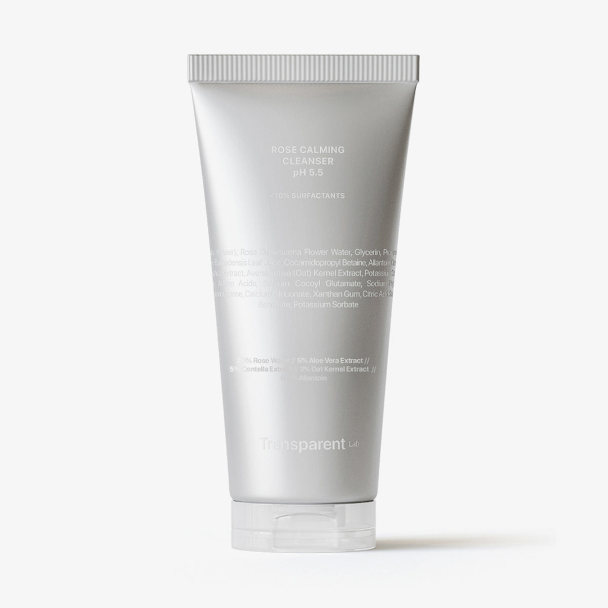 Eine silberne Tube Rose Calming Cleanser pH 5,5 auf weißem Hintergrund. 
