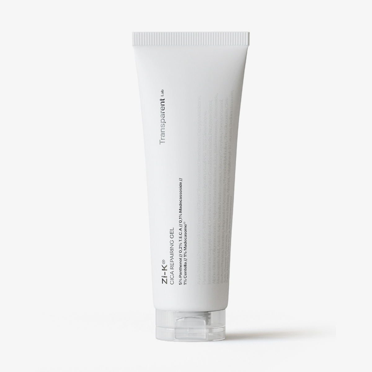 Eine weiße Tube mit der Aufschrift „Zi-K® Cica Repairing Gel“ steht aufrecht auf einem weißen Hintergrund.