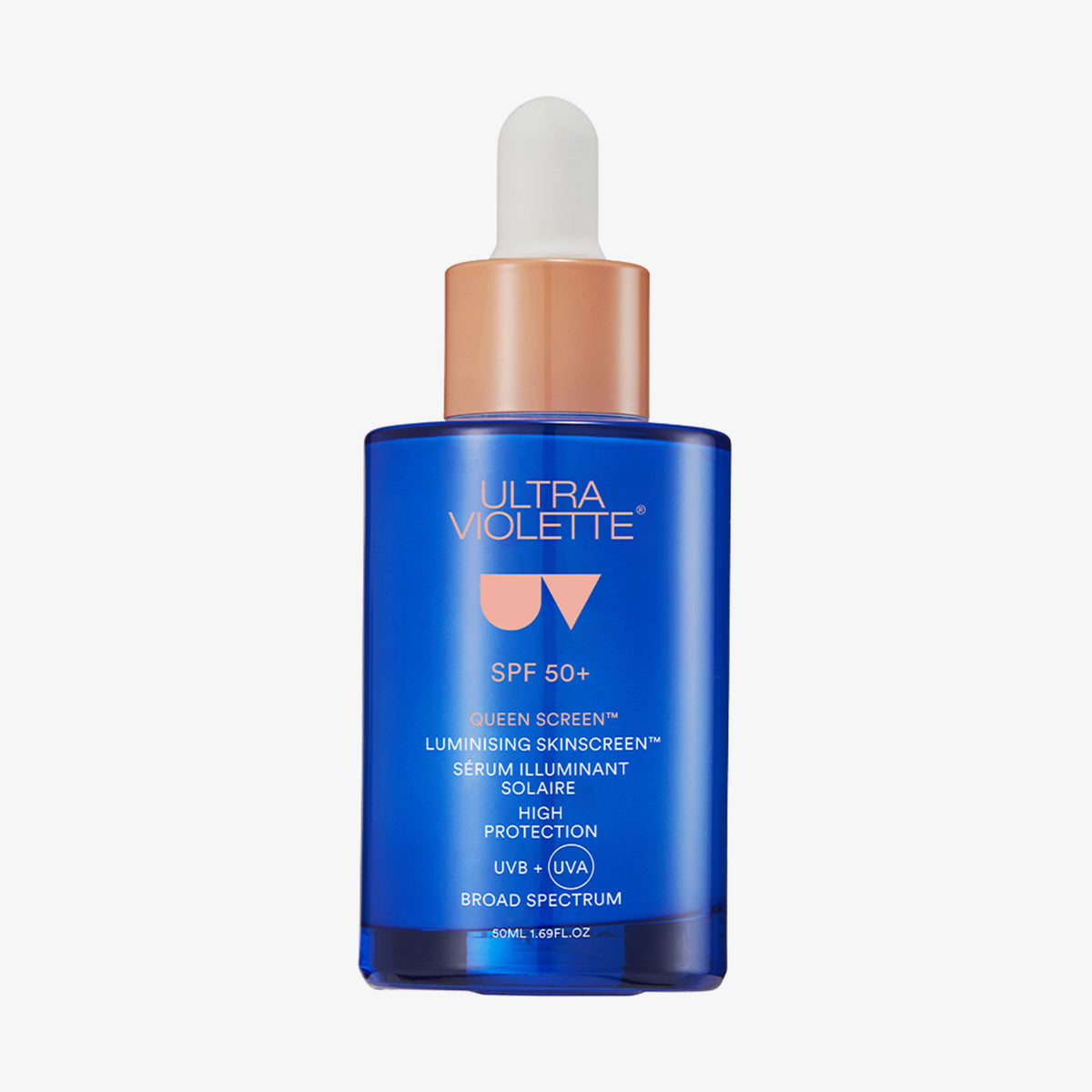 Blaue Flasche Queen Screen™ Luminising Skinscreen™ SPF50+ mit Tropferverschluss.