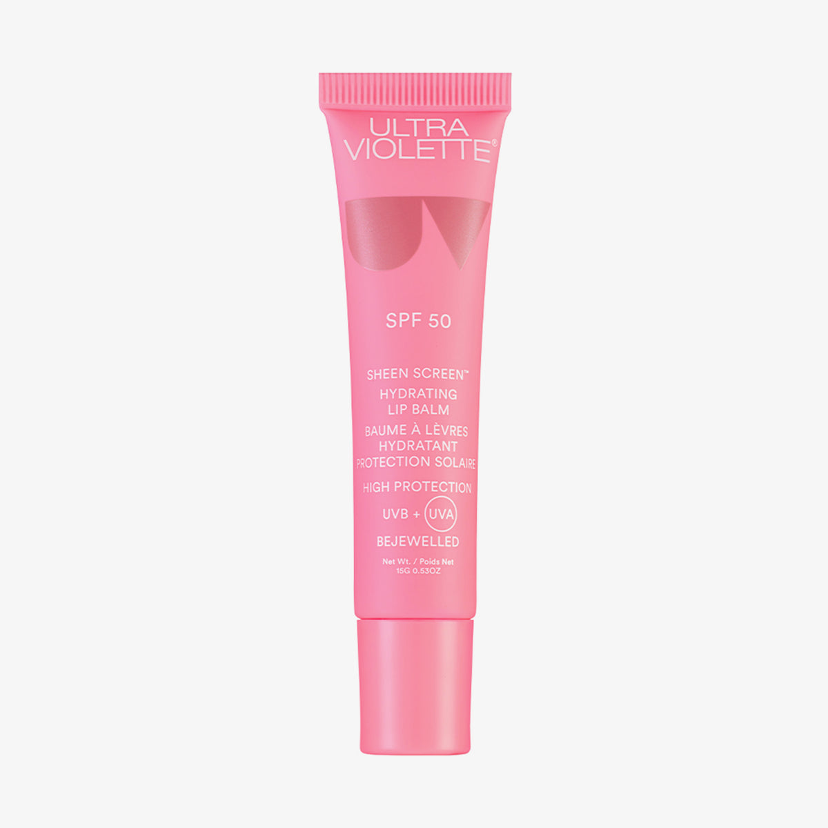 Rosafarbene Tube Sheen Screen Hydrating Lip Balm SPF50 mit UVA- und UVB-Schutz auf weißem Hintergrund.