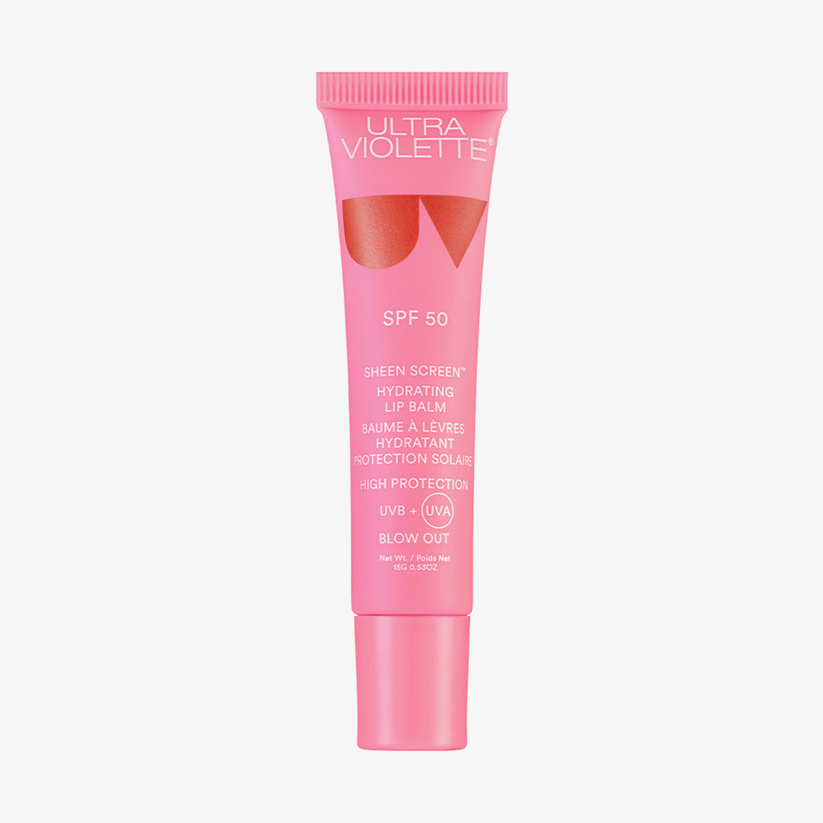 Rosafarbene Tube Sheen Screen Hydrating Lip Balm SPF50 mit UVA- und UVB-Schutz.