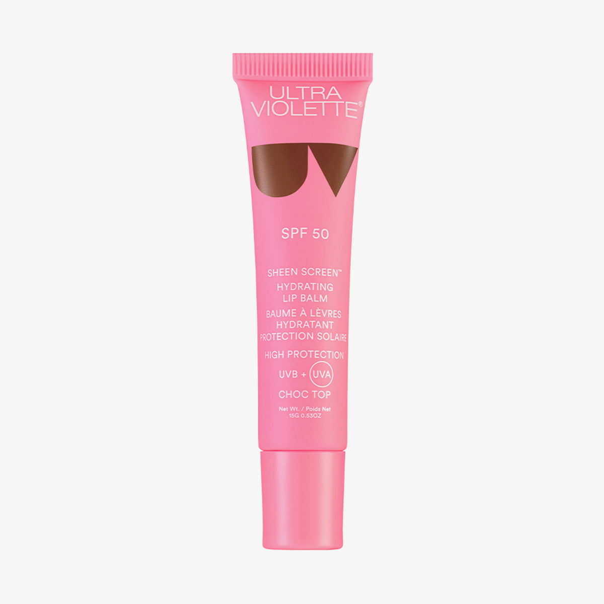 Rosafarbene Tube Sheen Screen Hydrating Lip Balm SPF50 mit UVA- und UVB-Schutz auf weißem Hintergrund.