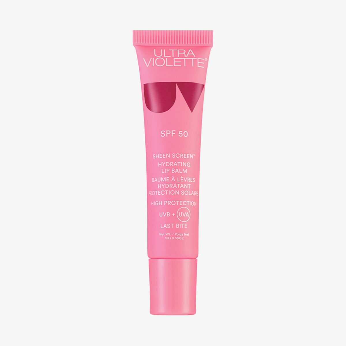 Rosafarbene Tube Sheen Screen Hydrating Lip Balm SPF50 mit UVA- und UVB-Schutz auf weißem Hintergrund.