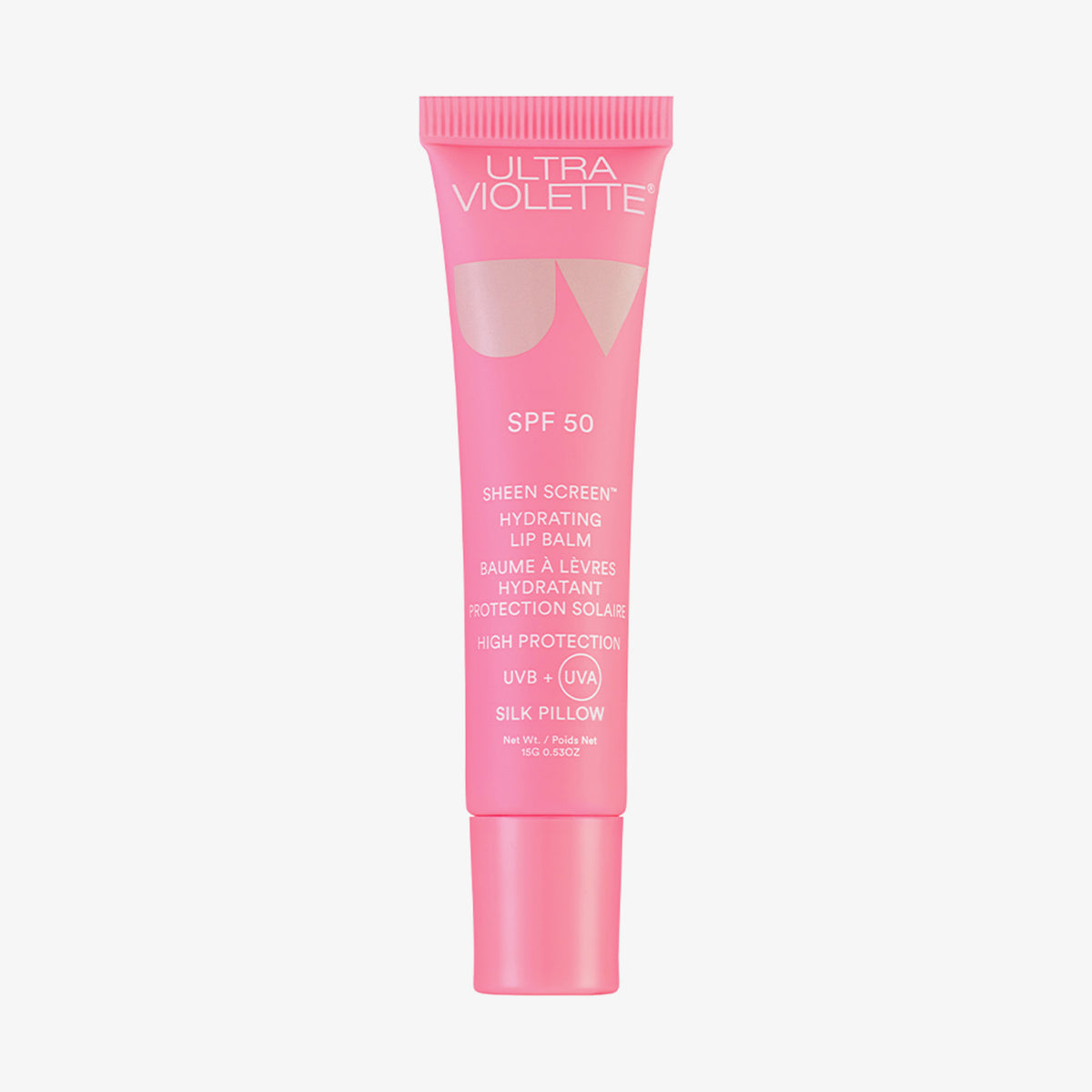 Rosafarbene Tube Sheen Screen Hydrating Lip Balm SPF50 von Ultra Violette vor weißem Hintergrund.