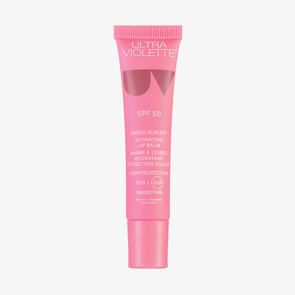 Rosafarbene Tube Sheen Screen Hydrating Lip Balm SPF50 mit UVA- und UVB-Schutz auf weißem Hintergrund.