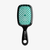 UNbrush Detangling Hair Brush: schwarzes Paddel, blaugrüne Borsten, wabenförmiger Boden, Griff mit der Aufschrift "UNbrush".