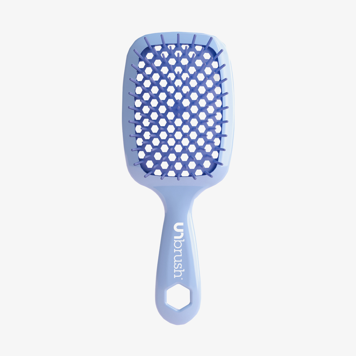 Hellblaue UNbrush Detangling-Haarbürste mit wabenförmigem Paddel und Logo auf dem Griff.