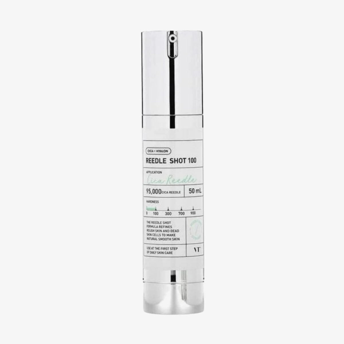 Eine durchsichtige Flasche mit dem Serum „VT Cosmetics Vt Reedle Shot 100“ mit silberner Pumpe und weißem Etikett.