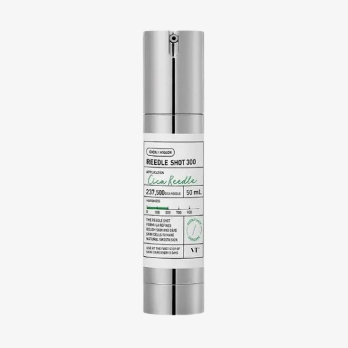 Eine silberne 50-ml-Flasche des Serums „VT Cosmetics Vt Reedle Shot 300“ mit Pumpspender.