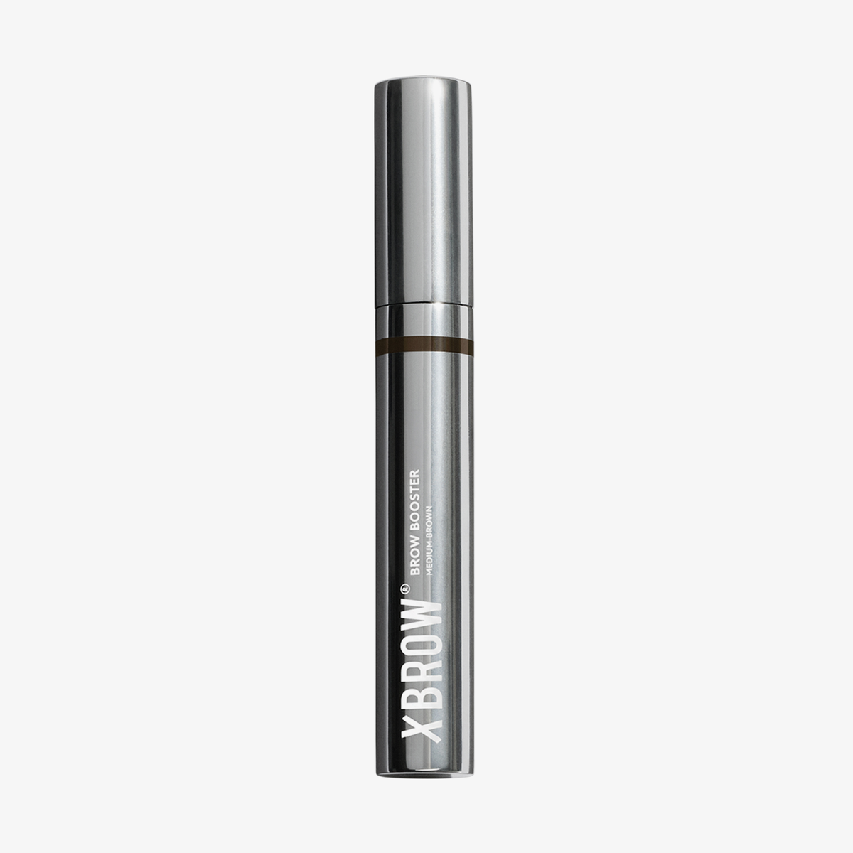 Eine zylindrische XLASH Brow Booster-Tube mit silberner Kappe.