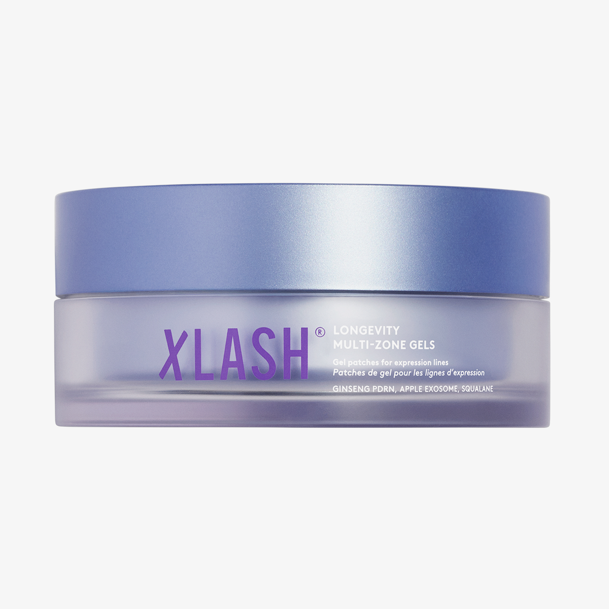 Ein violetter Tiegel mit XLASH Longevity Multi-zone Gels gegen Mimikfalten.