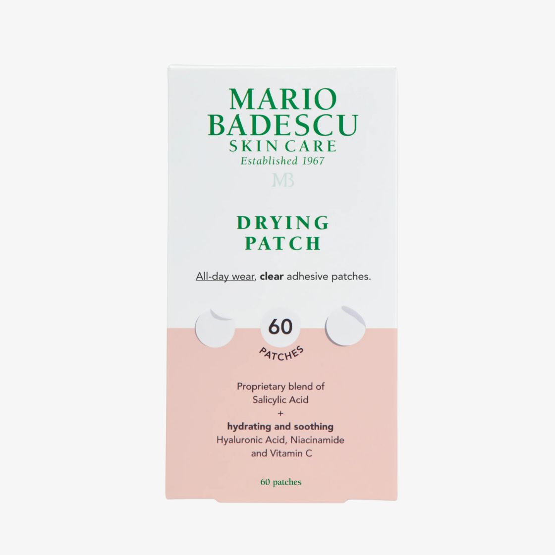 Mario Badescu Drying Patch, 60er Box, Hautpflegepflaster mit Salicylsäure und Niacinamid auf weißem Hintergrund.