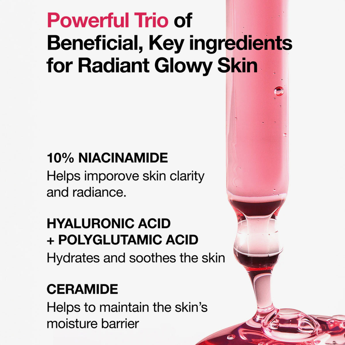 Grafik mit rosafarbenem Serum in einer Pipette und Text über Niacinamid, Hyaluron, Polyglutaminsäure und Ceramid als wirksame Hautpflege-Wirkstoffe.