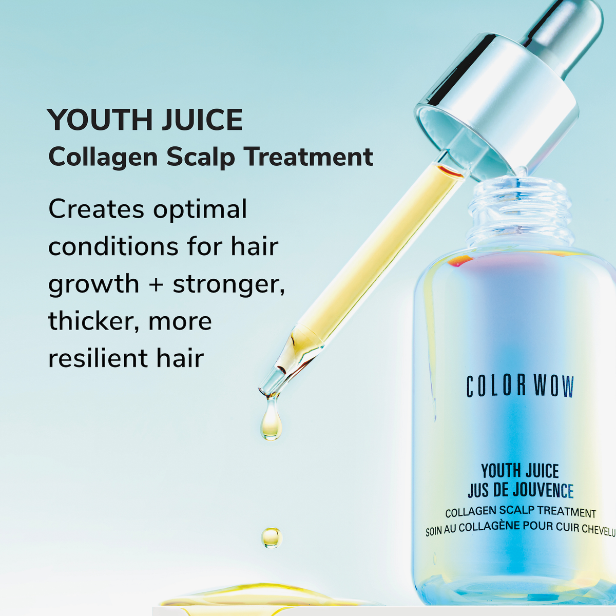Neben einer Flasche Youth Juice Collagen Scalp Treatment schwebt eine Pipette; daneben Vorteile für das Haarwachstum hervorhebt.