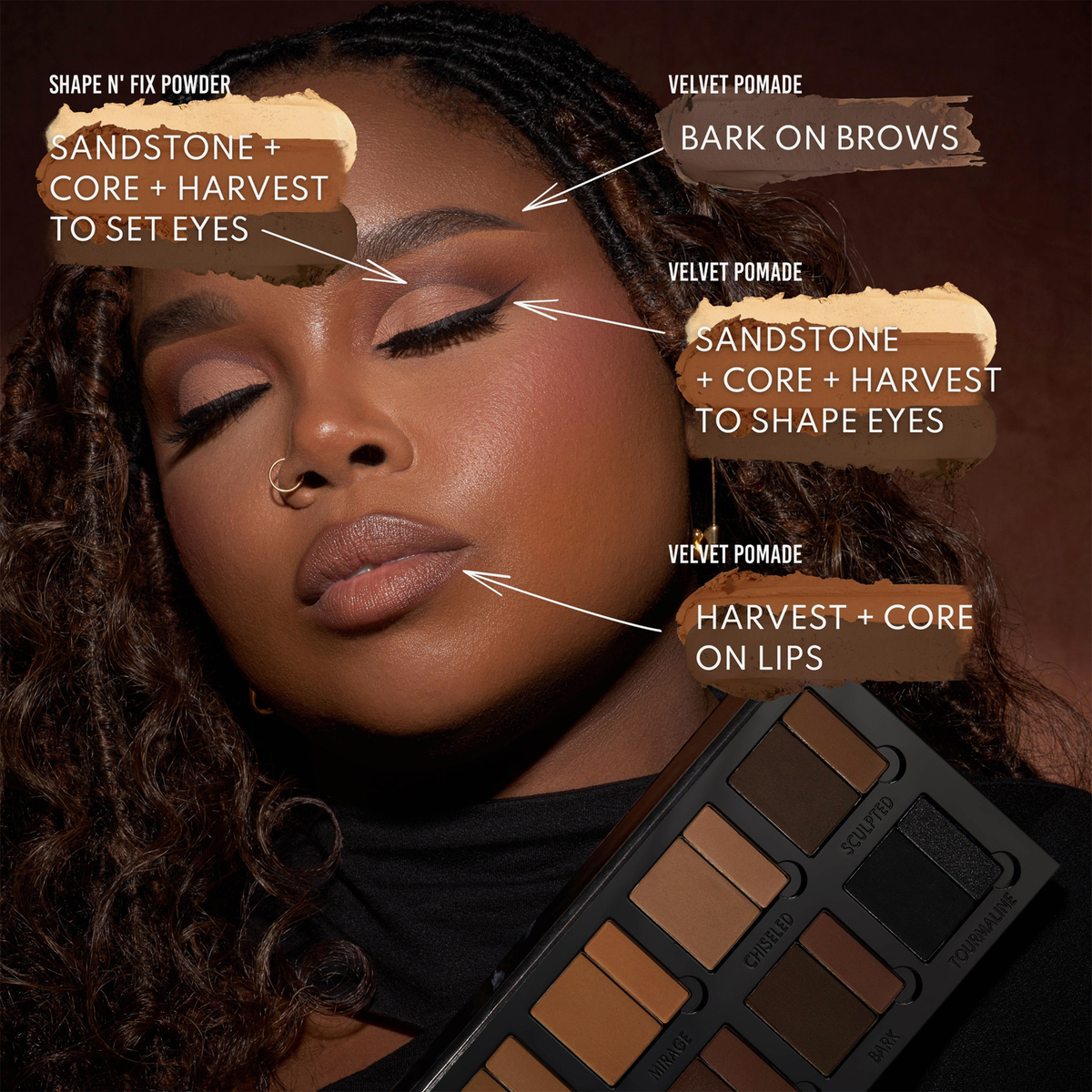 Eine Frau zeigt braunes Make-up, das auf ihre Brauen, Augen und Lippen aufgetragen wurde. Darunter befindet sich die Danessa Myricks Beauty Groundwork Palette - Defining Neutrals.
