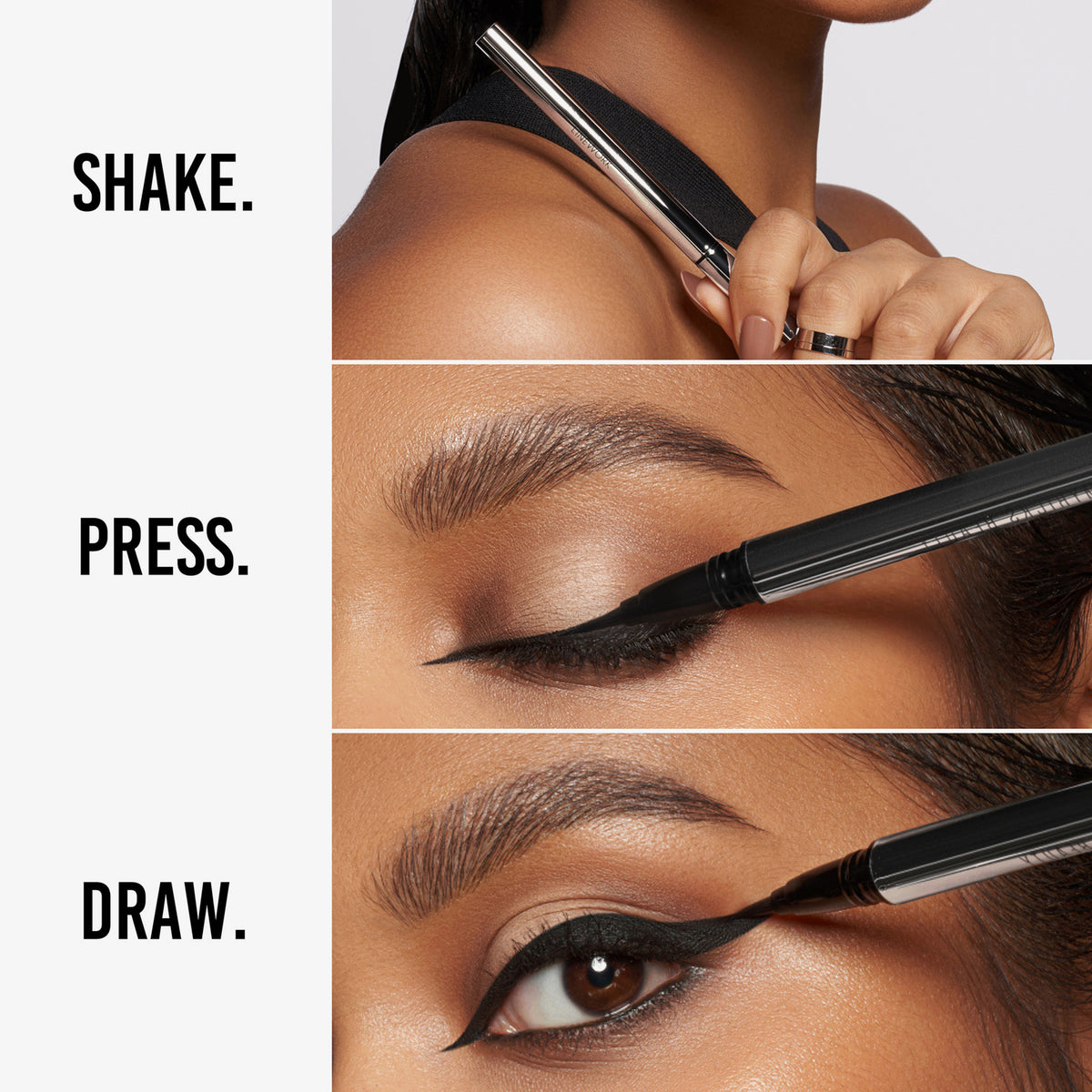 Linework Onyx wird geschüttelt, auf das Augenlid aufgetragen und zum Zeichnen eines geflügelten Eyeliners verwendet.