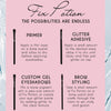 Die Anleitungsgrafik zu Fix Potion veranschaulicht seine Verwendungsmöglichkeiten: als Grundierung, Glitzerkleber, zum Erstellen individueller Gel-Lidschatten und zum Augenbrauen-Styling.
